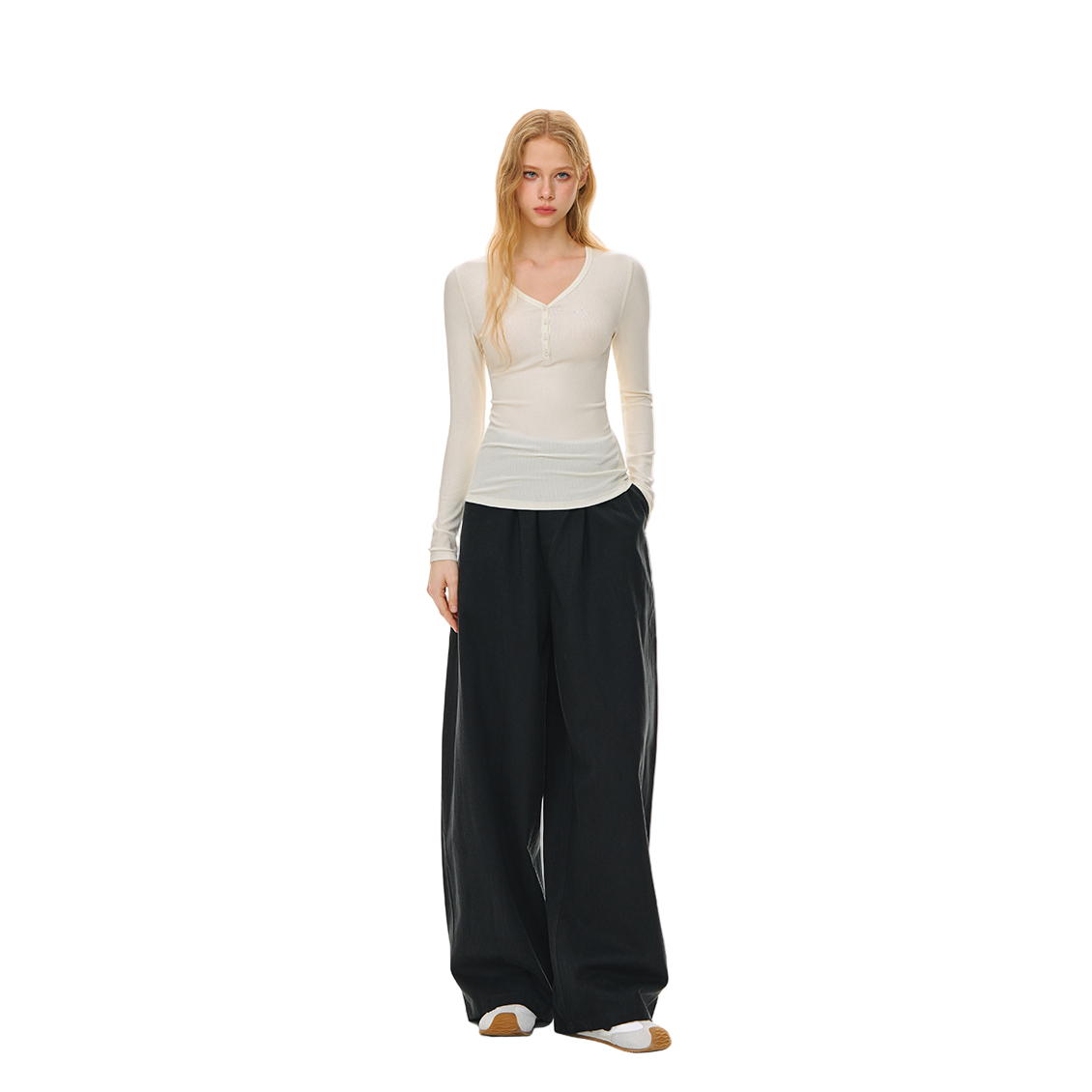 Lyocell V-neck Button Long Sleeve T-shirt In Beige
