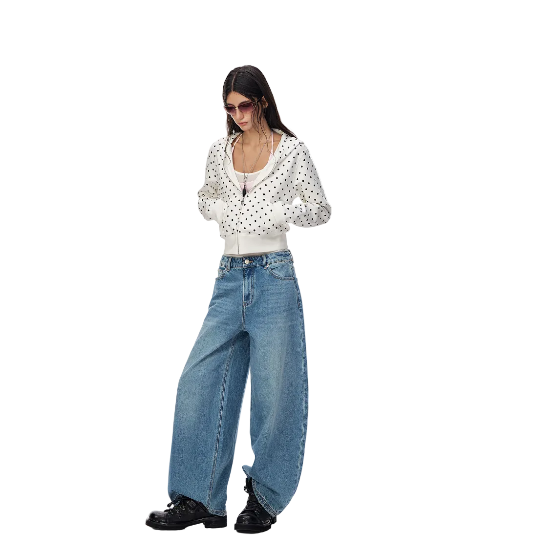 White Polka Dot Hooded Zip-Up Sweatshirt Short Jacket