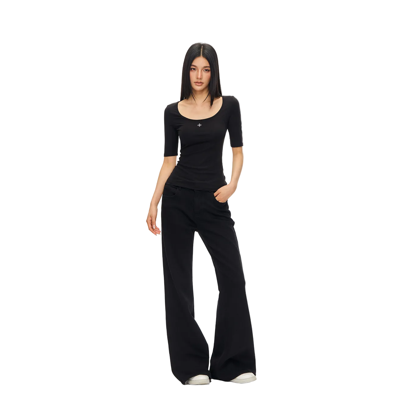 Black Lyocell Cross Mid-Sleeve T-Shirt