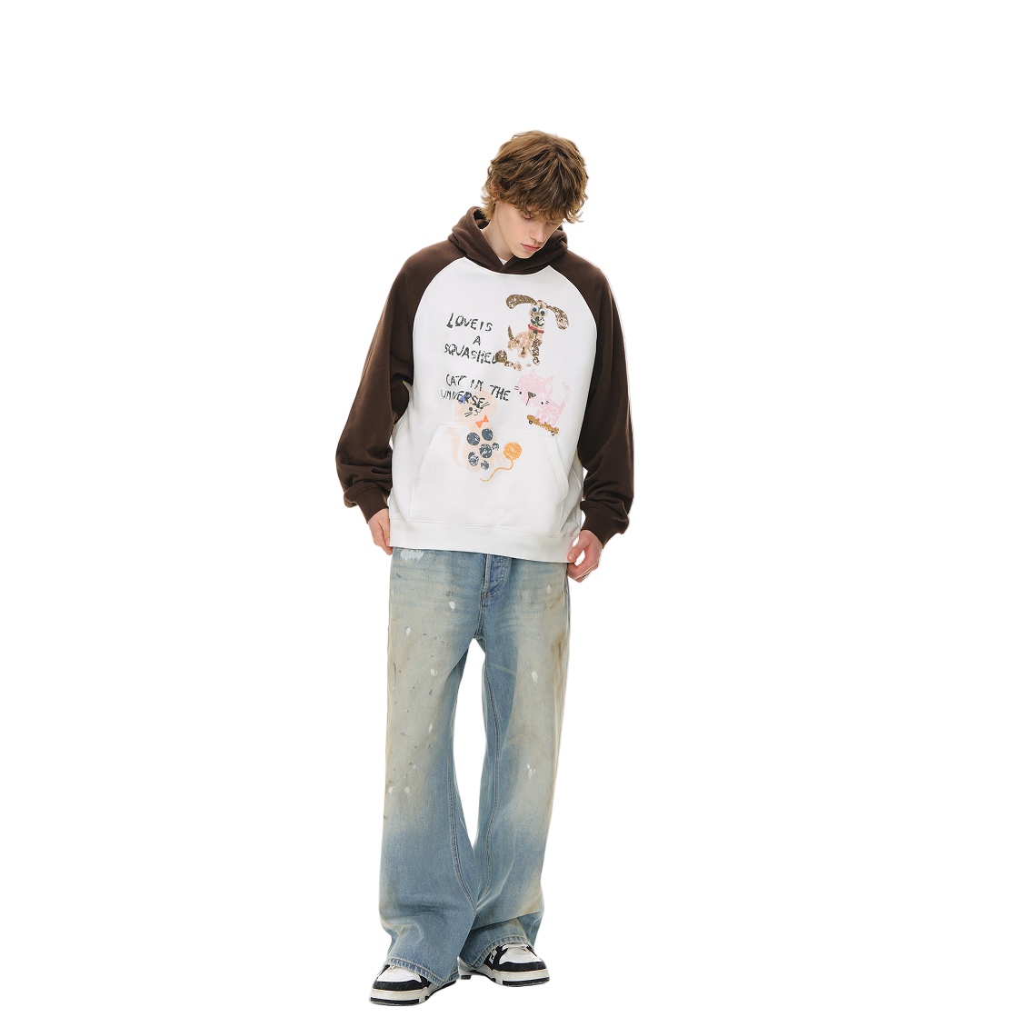 Brown Hand-painted Graffiti Print Raglan Hooded Sweatshirt