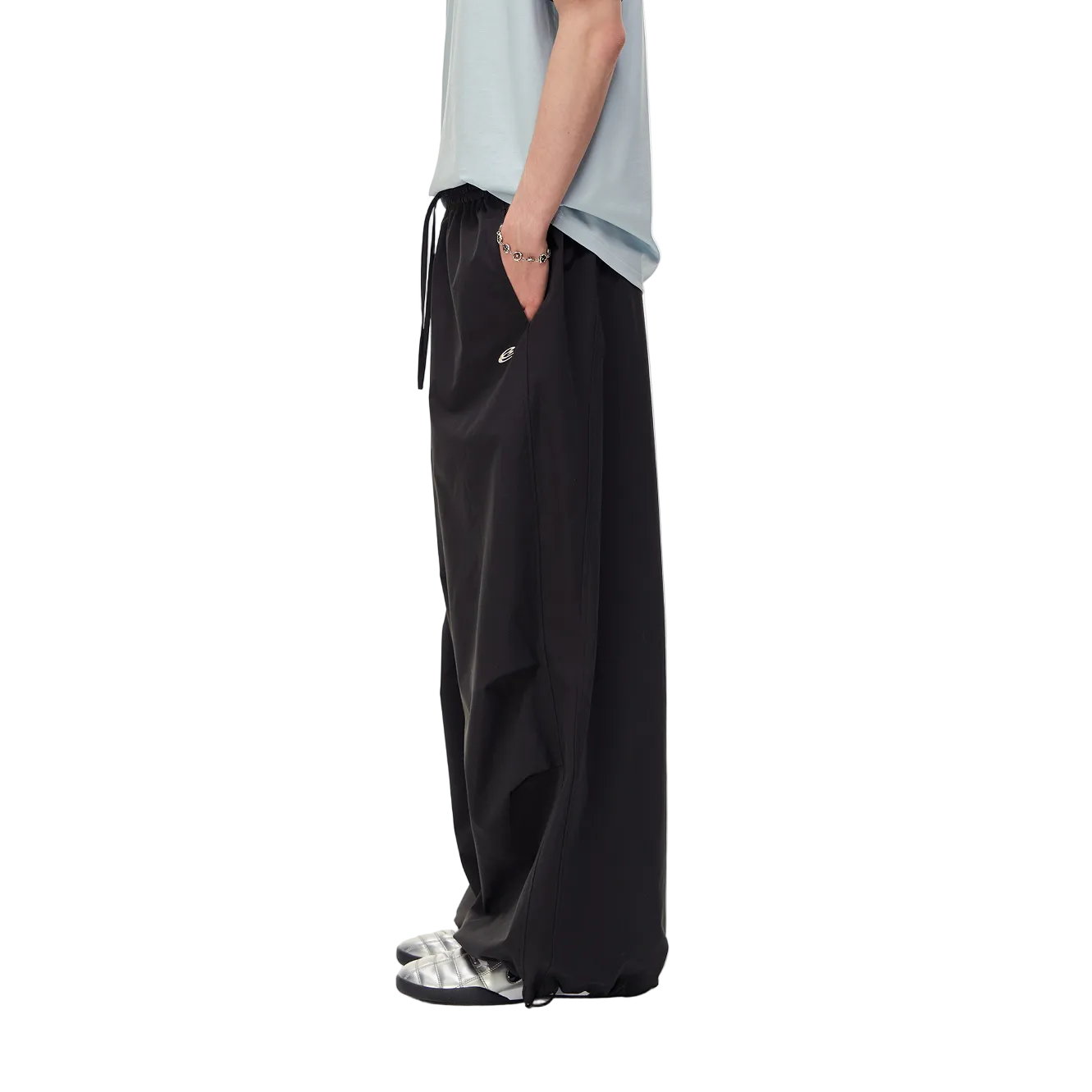 Black Lightweight Drawstring Wide-Leg Paratrousers