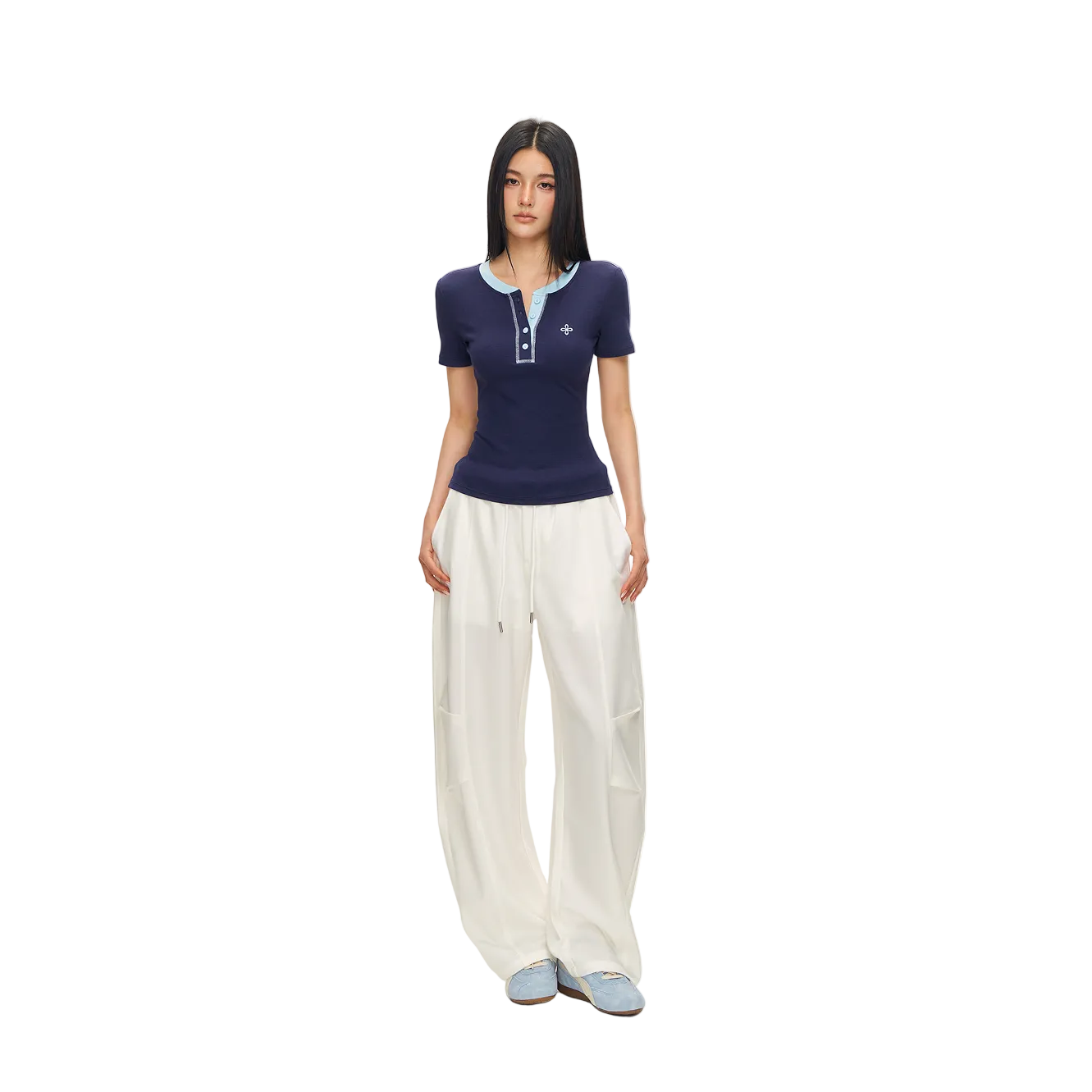 Navy Blue Cross Contrast Henley Collar Slim Fit Short Sleeve