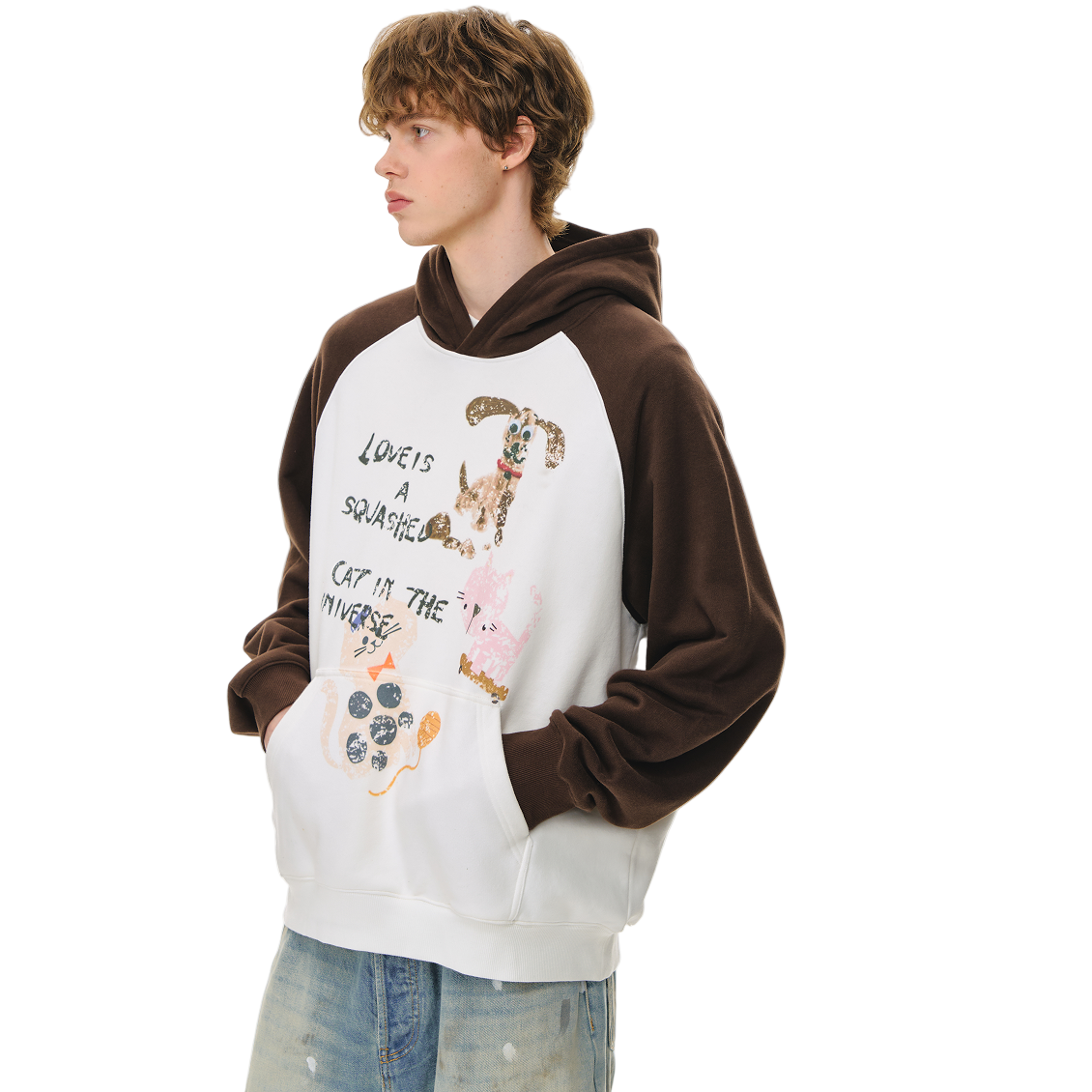 Brown Hand-painted Graffiti Print Raglan Hooded Sweatshirt
