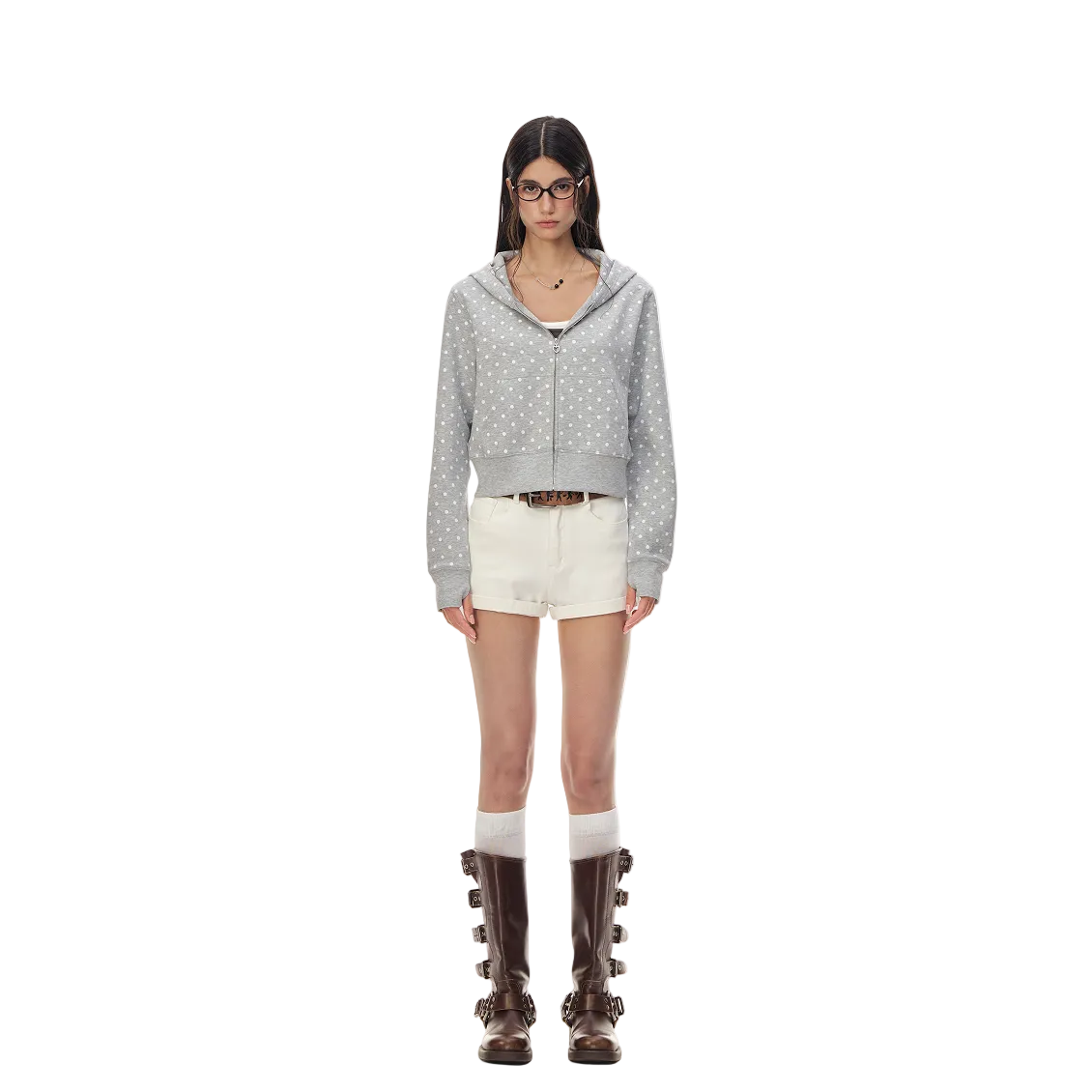 Grey Polka Dot Hooded Zip-Up Sweatshirt Short Jacket