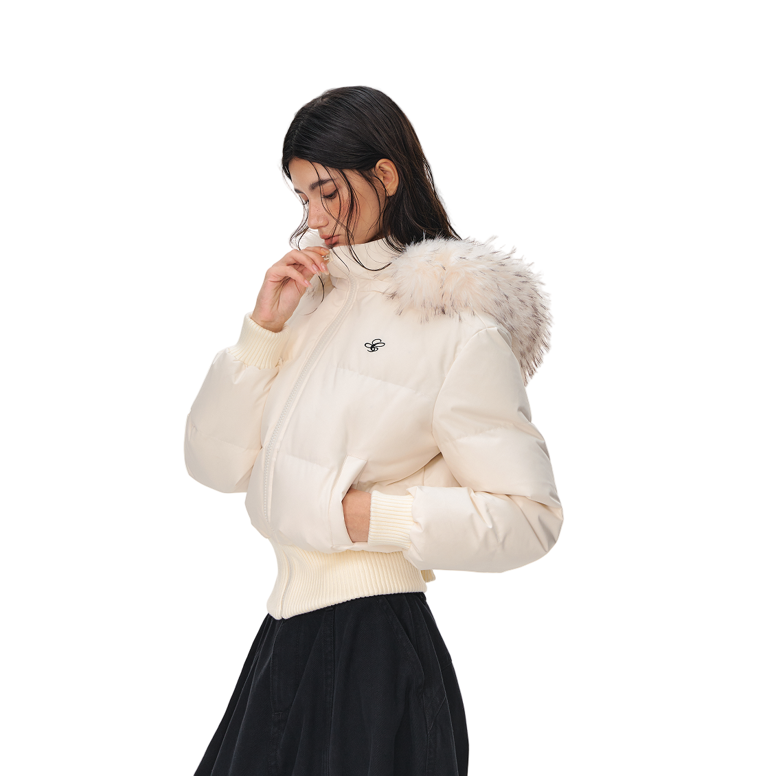 Beige Short Down Jacket with Detachable Large Fur Collar