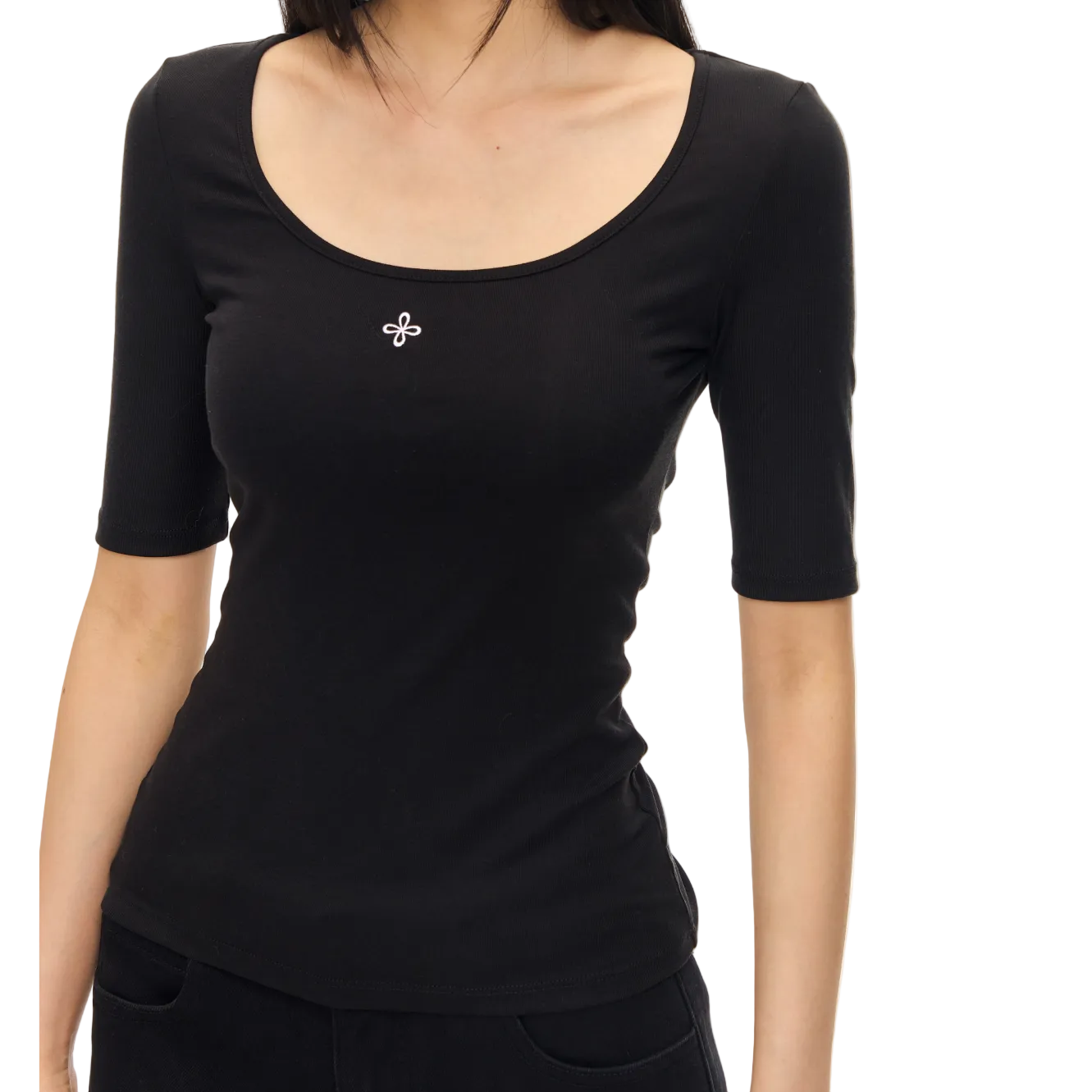 Black Lyocell Cross Mid-Sleeve T-Shirt
