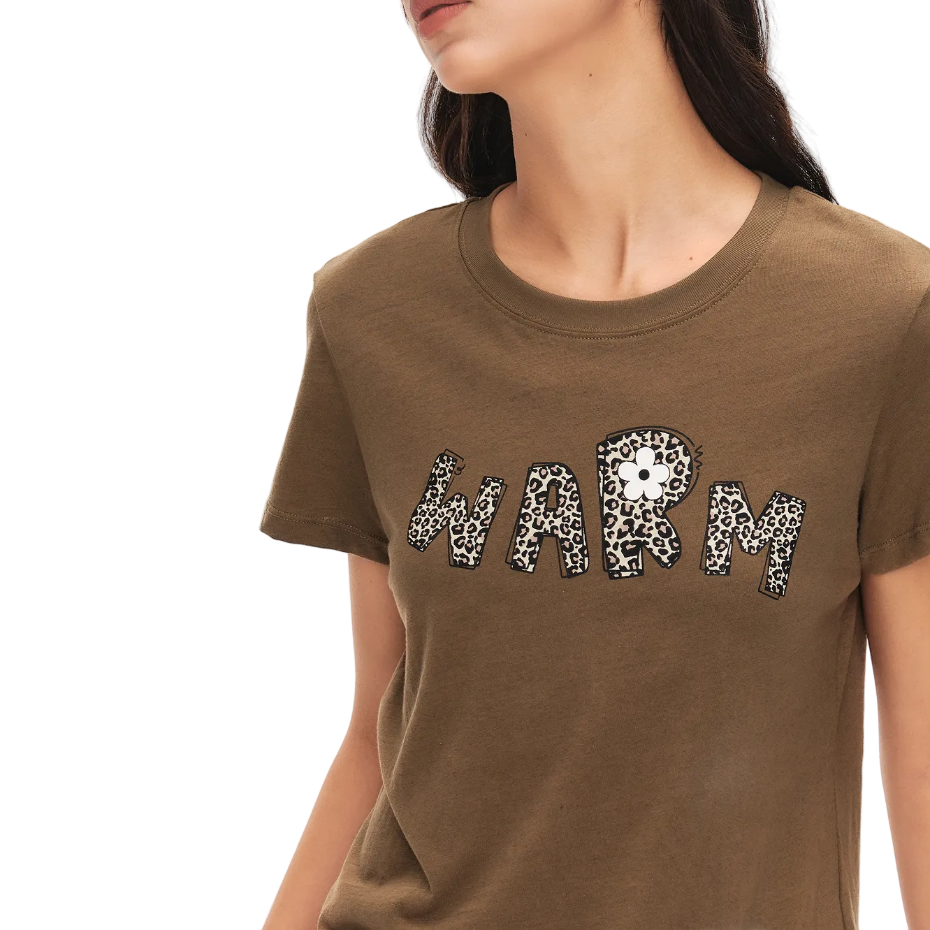 Green Linen Leopard Print Letter Print Short-Sleeve T-Shirt