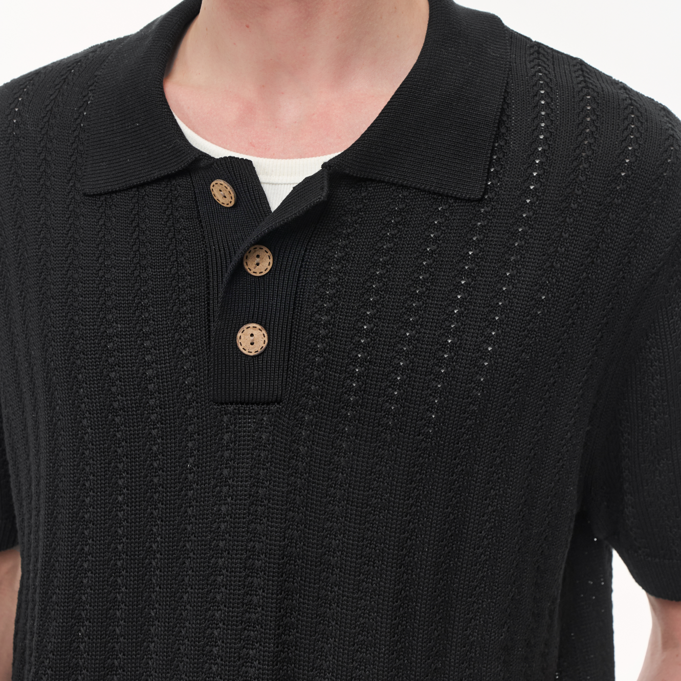 Black Wheat-Pattern Textured Knit Polo Shirt