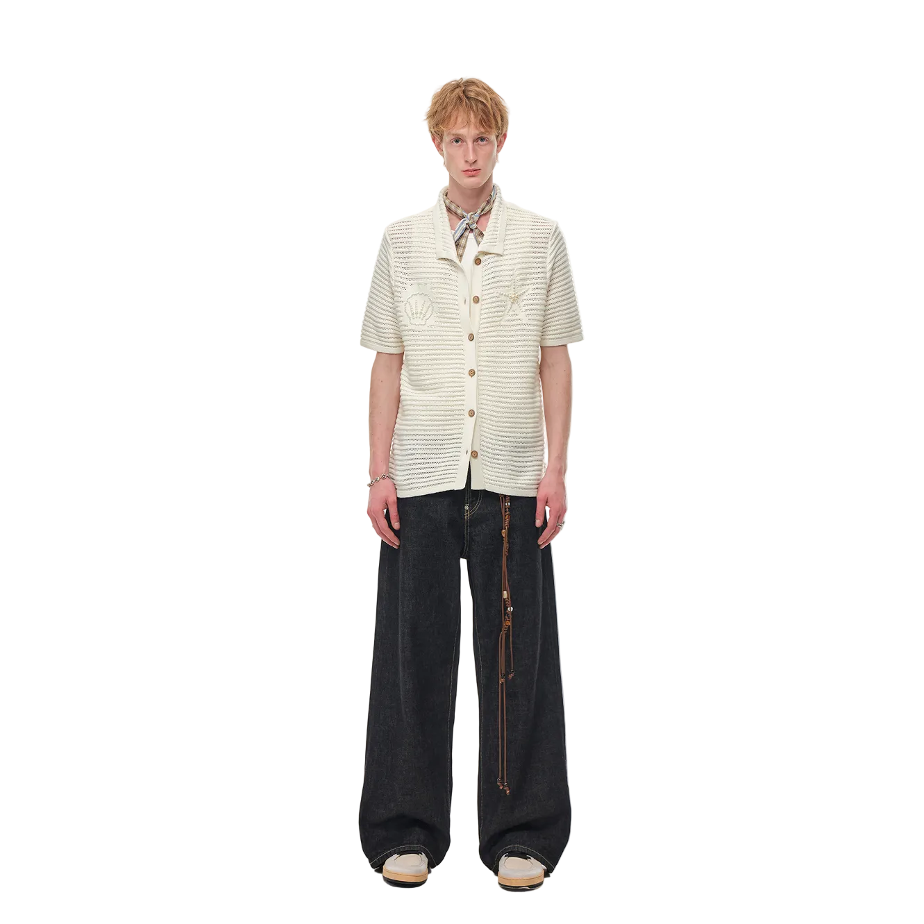 Beige Resort Seashell Beaded Hollow-Out Shirt