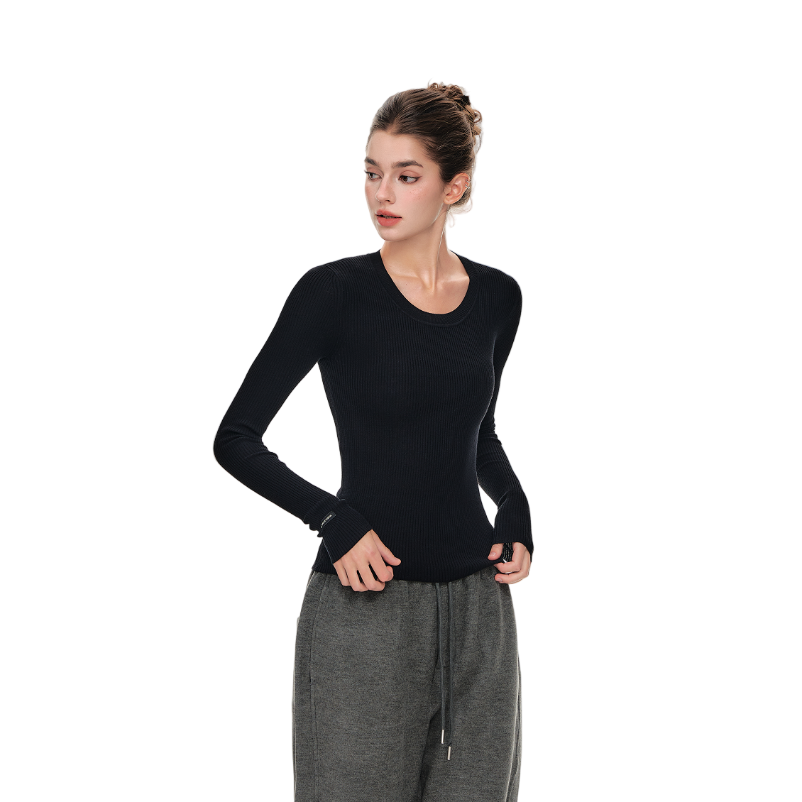 Black High Twist Bamboo Yarn U-Neck Striped Slim Fit Knitted Shirt