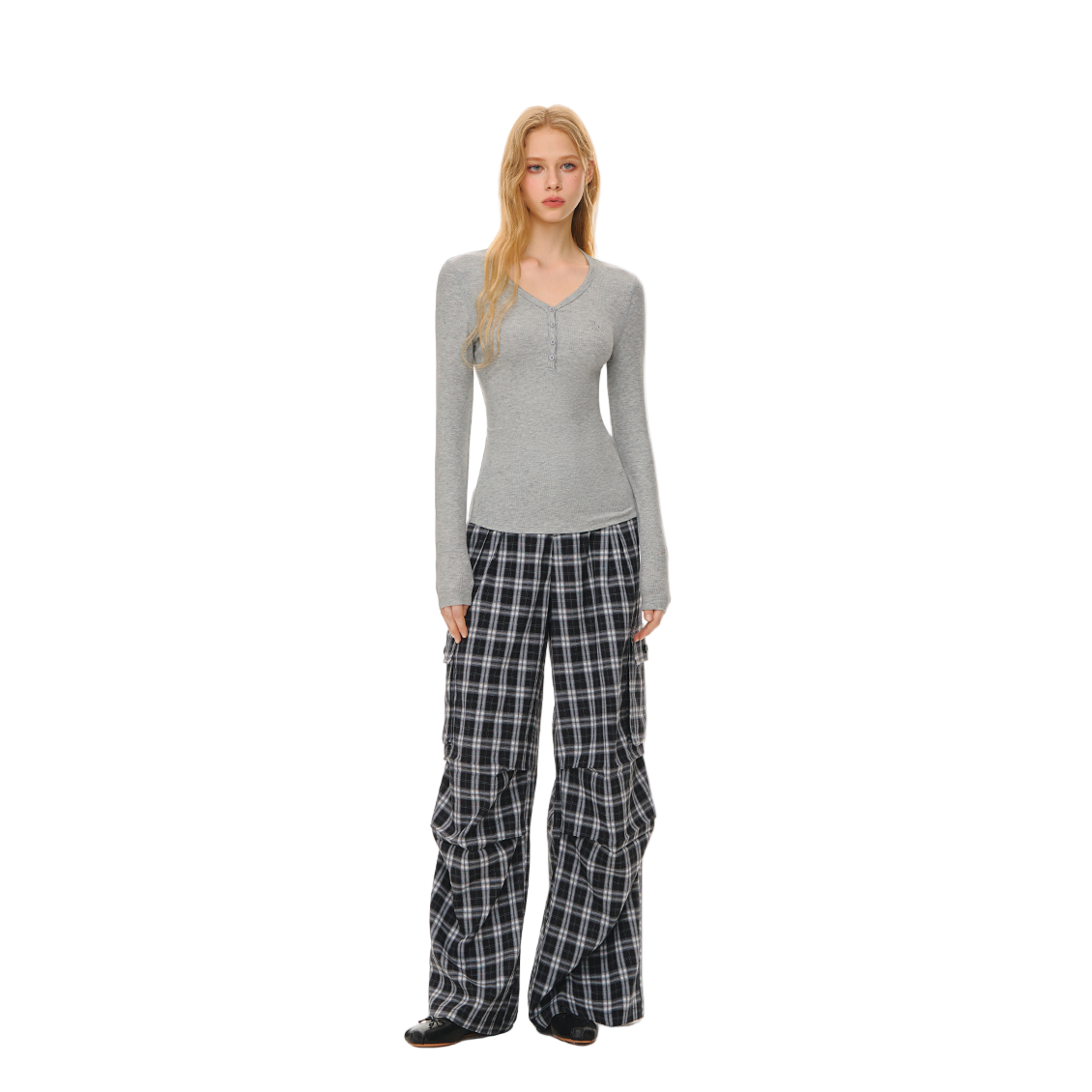 Lyocell V-neck Button Long Sleeve T-shirt In Grey