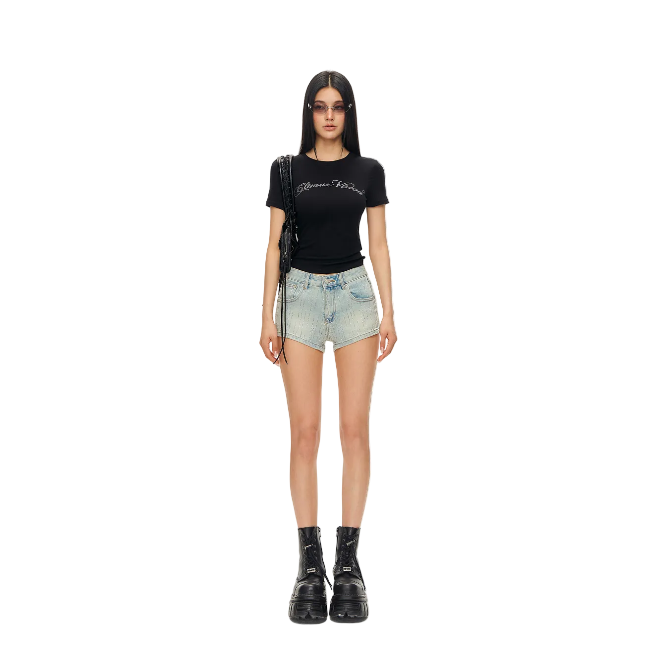 Blue Rhinestone-Studded Starry Washed Denim Shorts