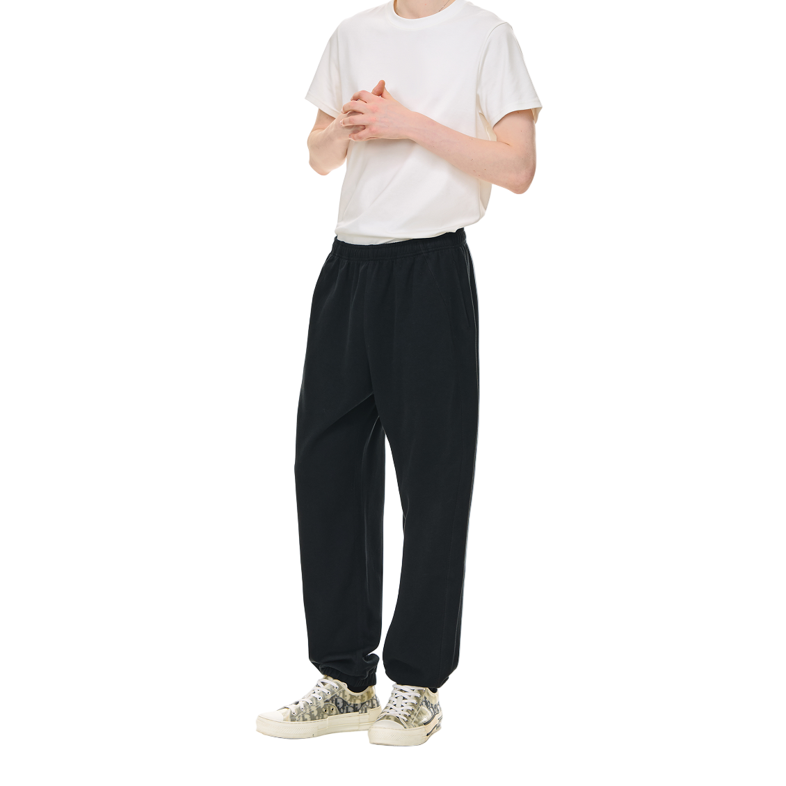 Black Textured Sporty Wide-cut Cuffed Casual Pants