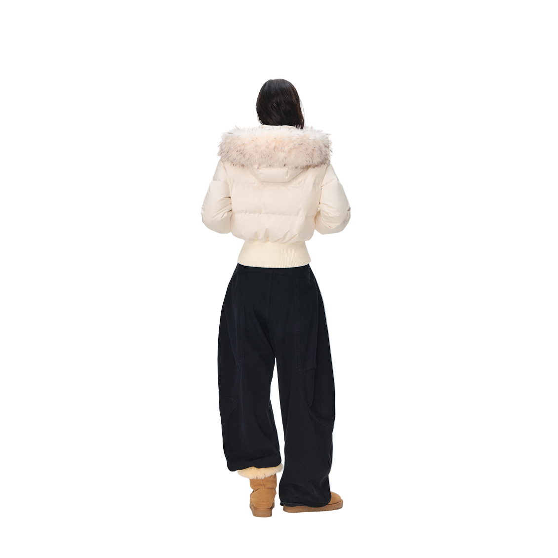 Beige Short Down Jacket with Detachable Large Fur Collar