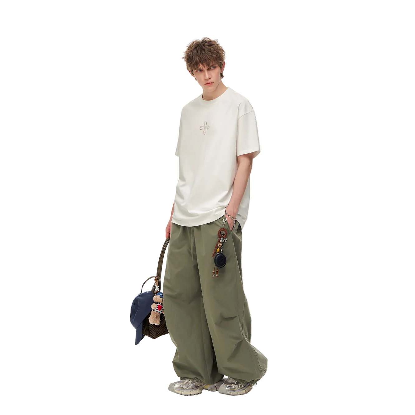 Green Lightweight Drawstring Wide-Leg Paratrooper Pants