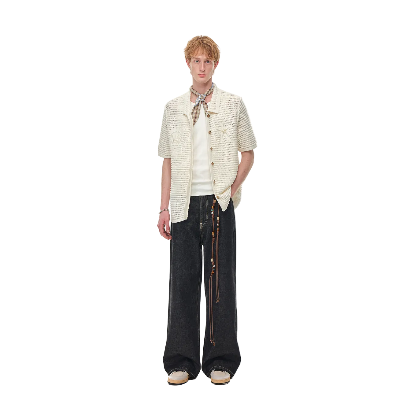 Beige Resort Seashell Beaded Hollow-Out Shirt