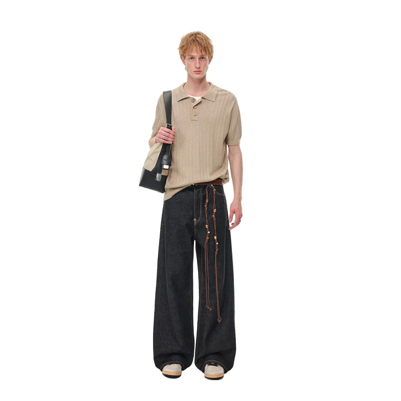 Brown Wheat-Patterned Textured Knit Polo Shirt
