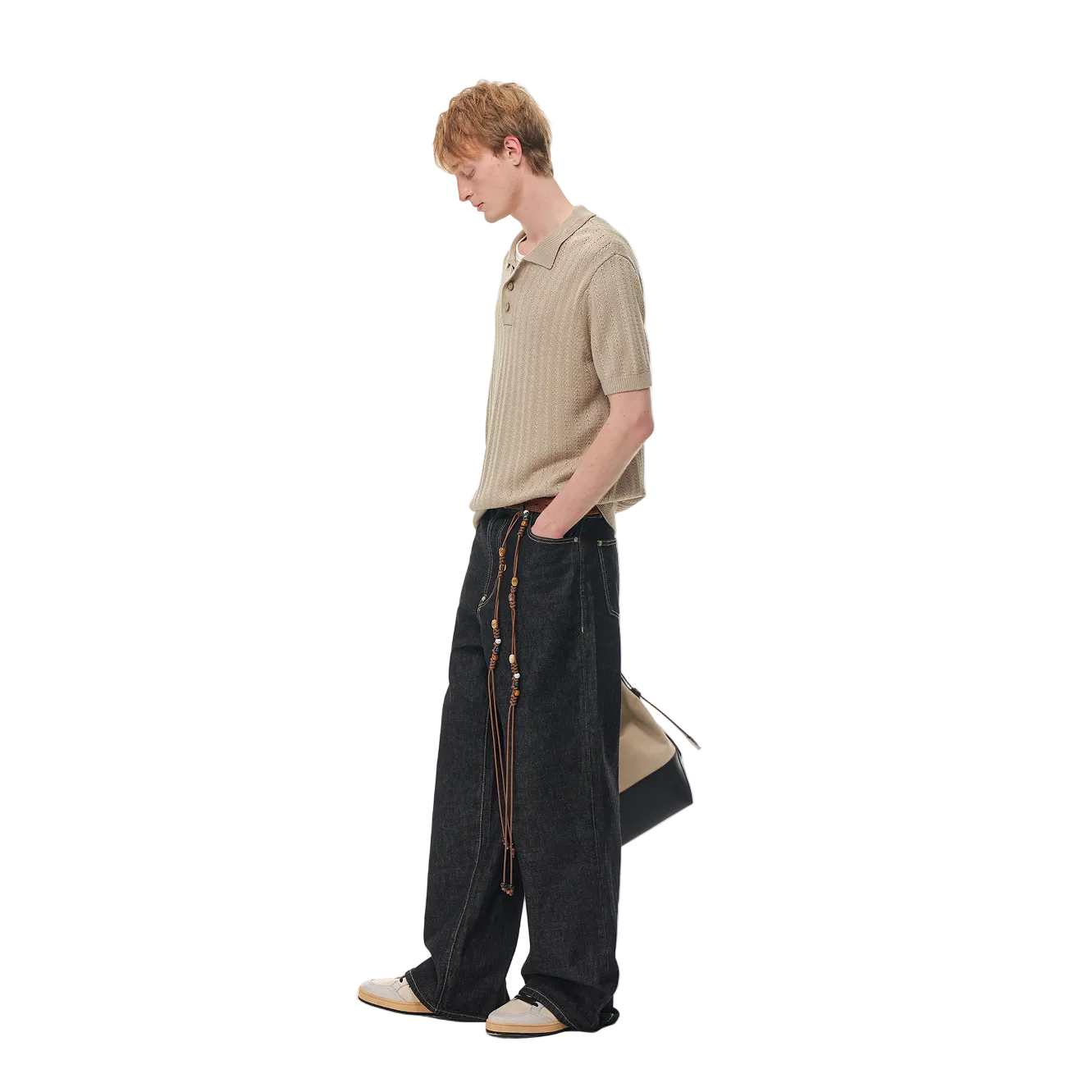 Brown Wheat-Patterned Textured Knit Polo Shirt
