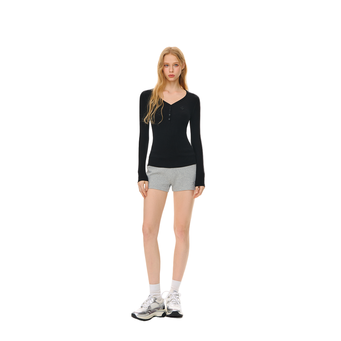 Lyocell V-neck Button Long Sleeve T-shirt In Black