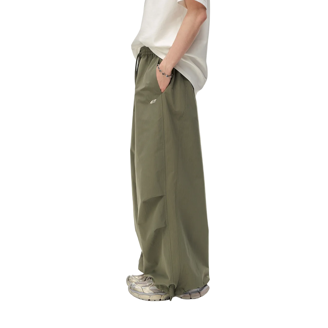 Green Lightweight Drawstring Wide-Leg Paratrooper Pants