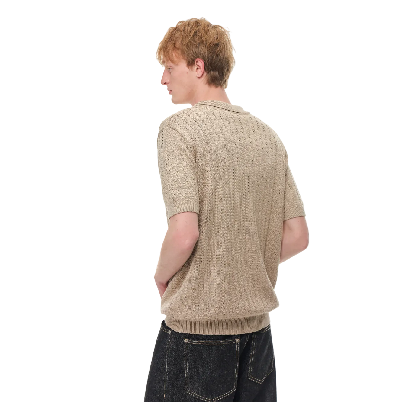 Brown Wheat-Patterned Textured Knit Polo Shirt