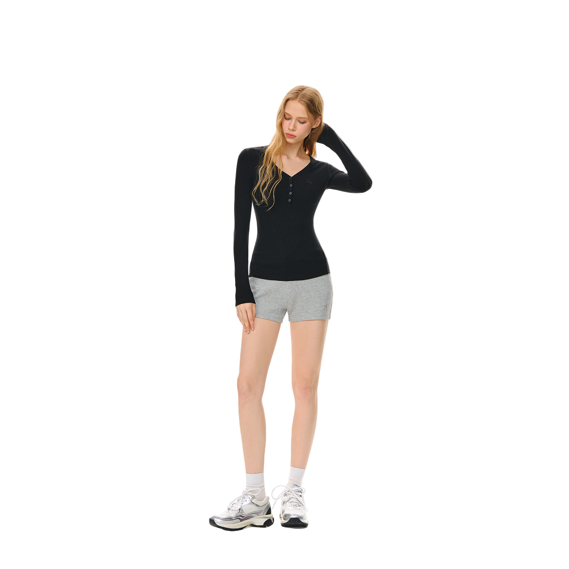 Lyocell V-neck Button Long Sleeve T-shirt In Black