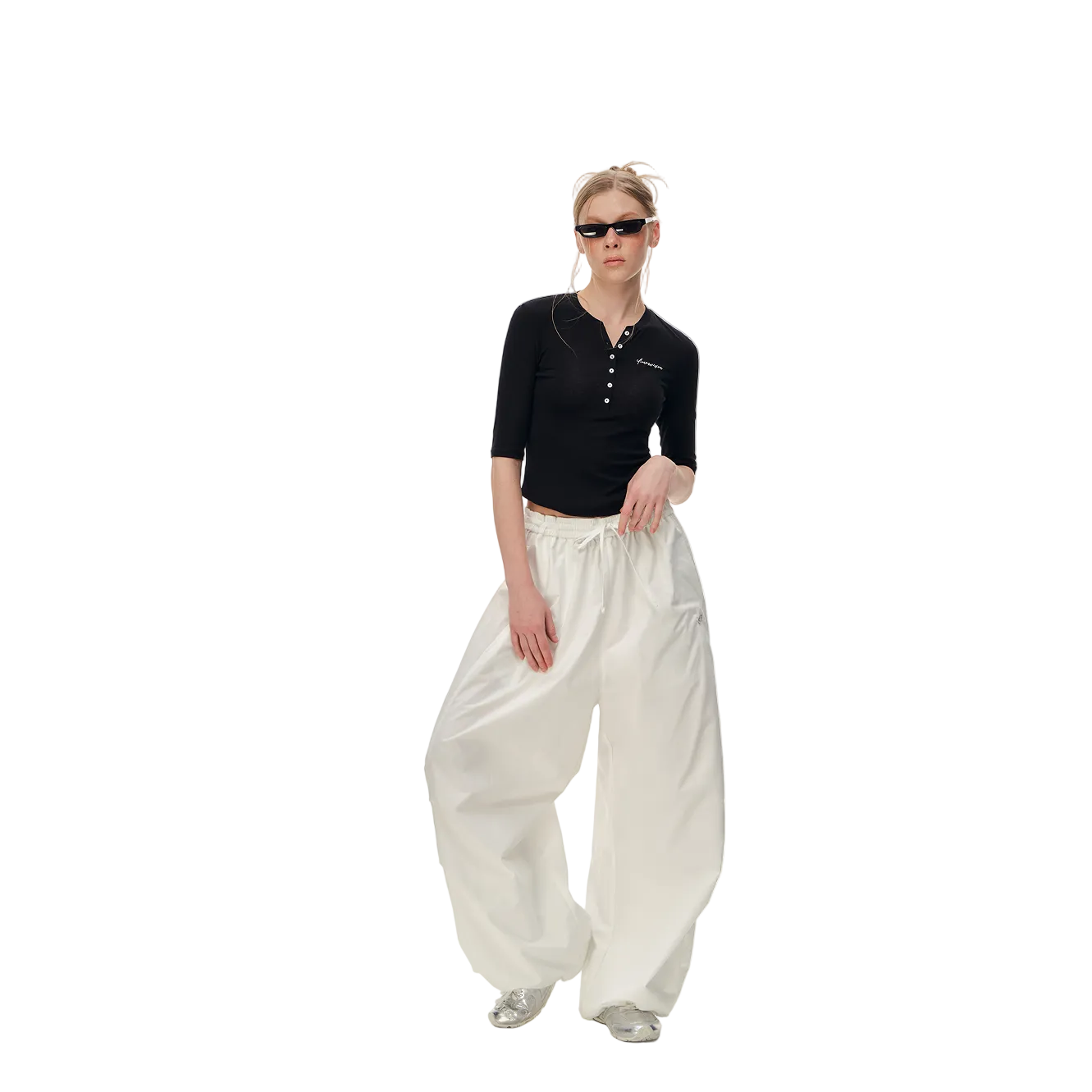 White Lightweight Drawstring Wide-Leg Pants