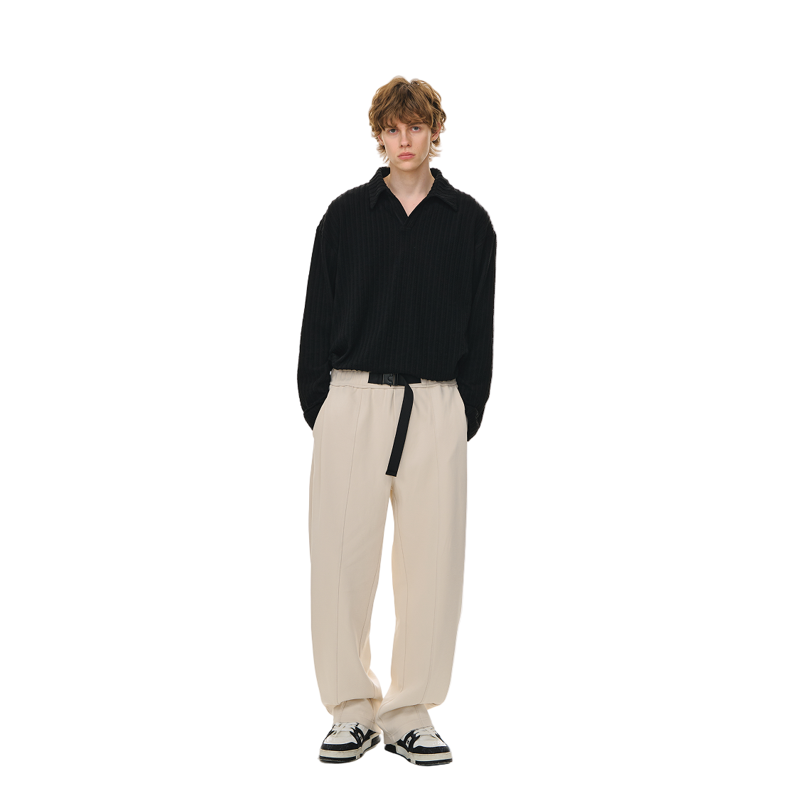 Beige Embossed Twill Buckle Casual Tapered Trousers