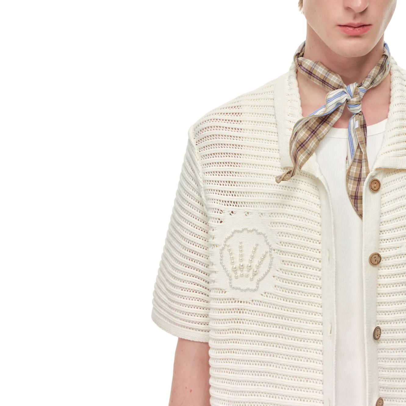 Beige Resort Seashell Beaded Hollow-Out Shirt