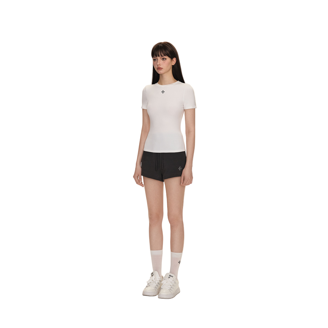 White Cross-Flower Basic All-Match Hourglass Waist Short-Sleeved T-Shirt