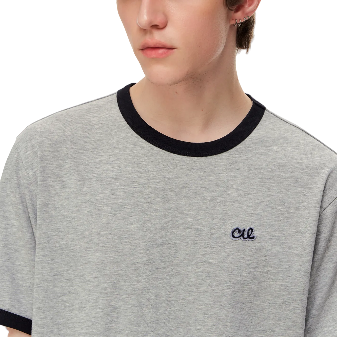 Grey Lyocell Color-Blocked Embroidered Short-Sleeve