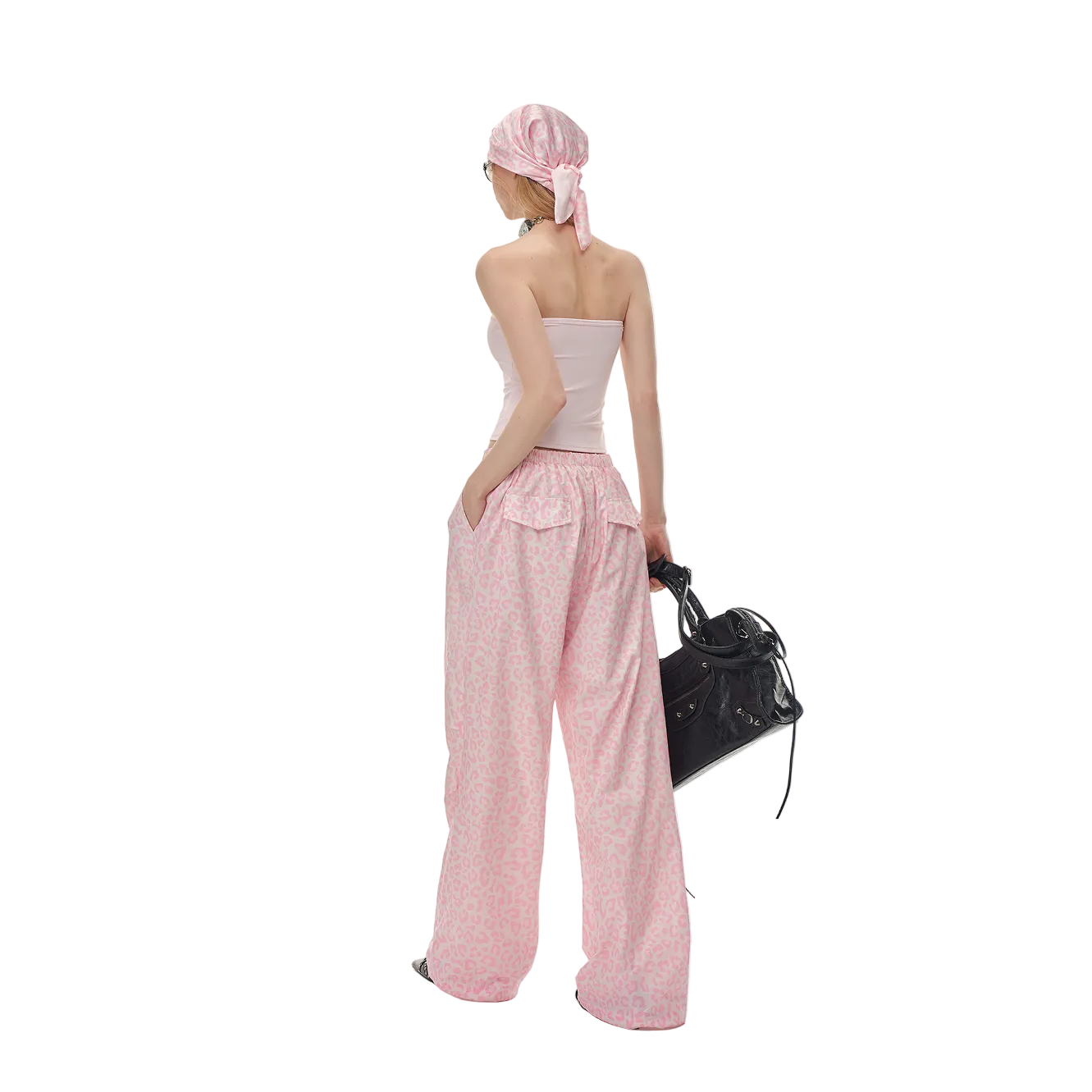 Pink Leopard Print Drawstring Pleated Straight-leg Paratrooper Pants