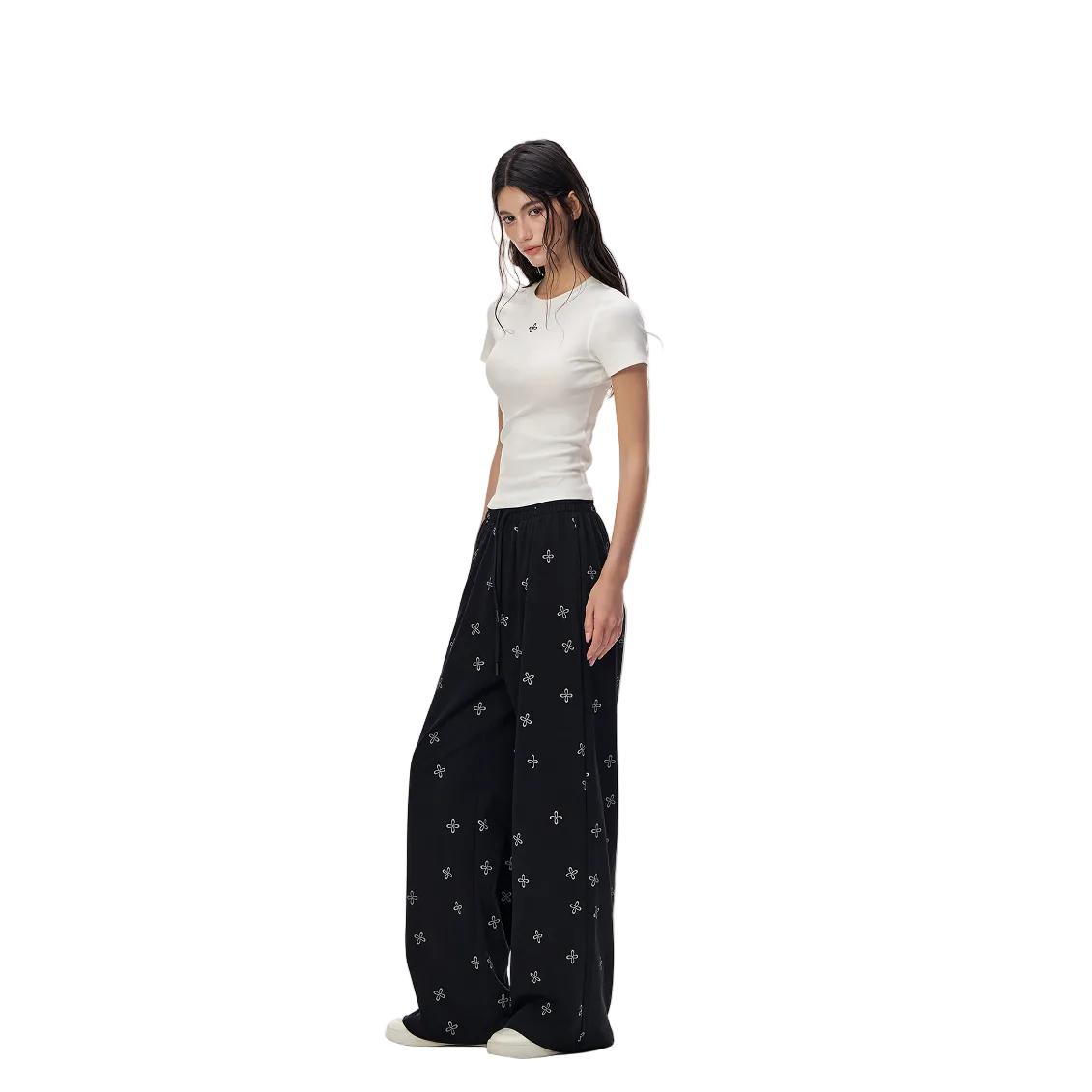 Black Lazy Cross-Patterned Casual Pants