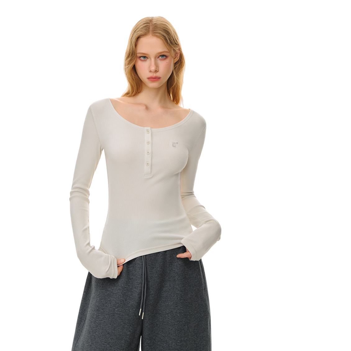 White Basic All-match U-neck Elastic Henley Neck Long Sleeve