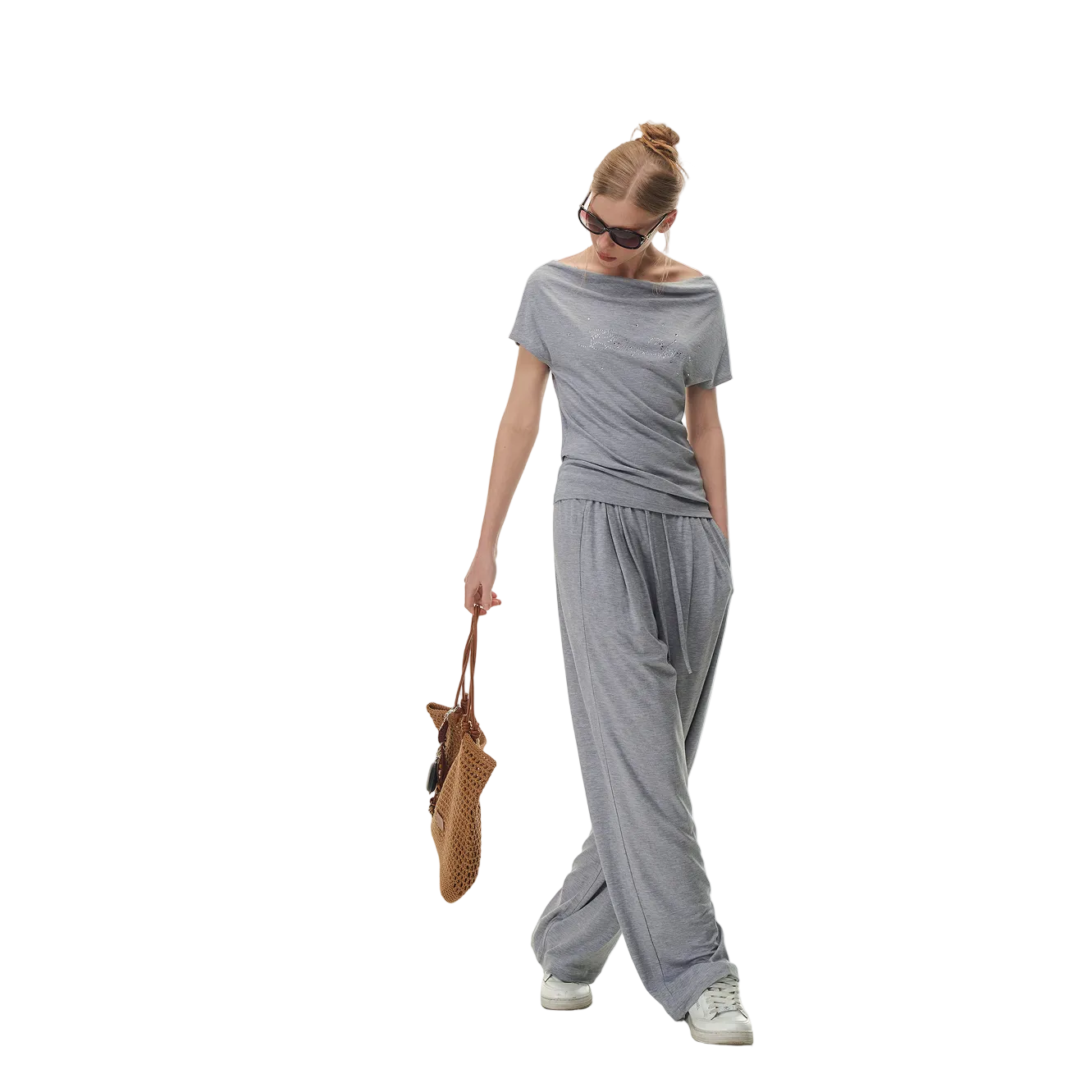Grey Lyocell Duffle Collar Off-Shoulder Short Sleeve