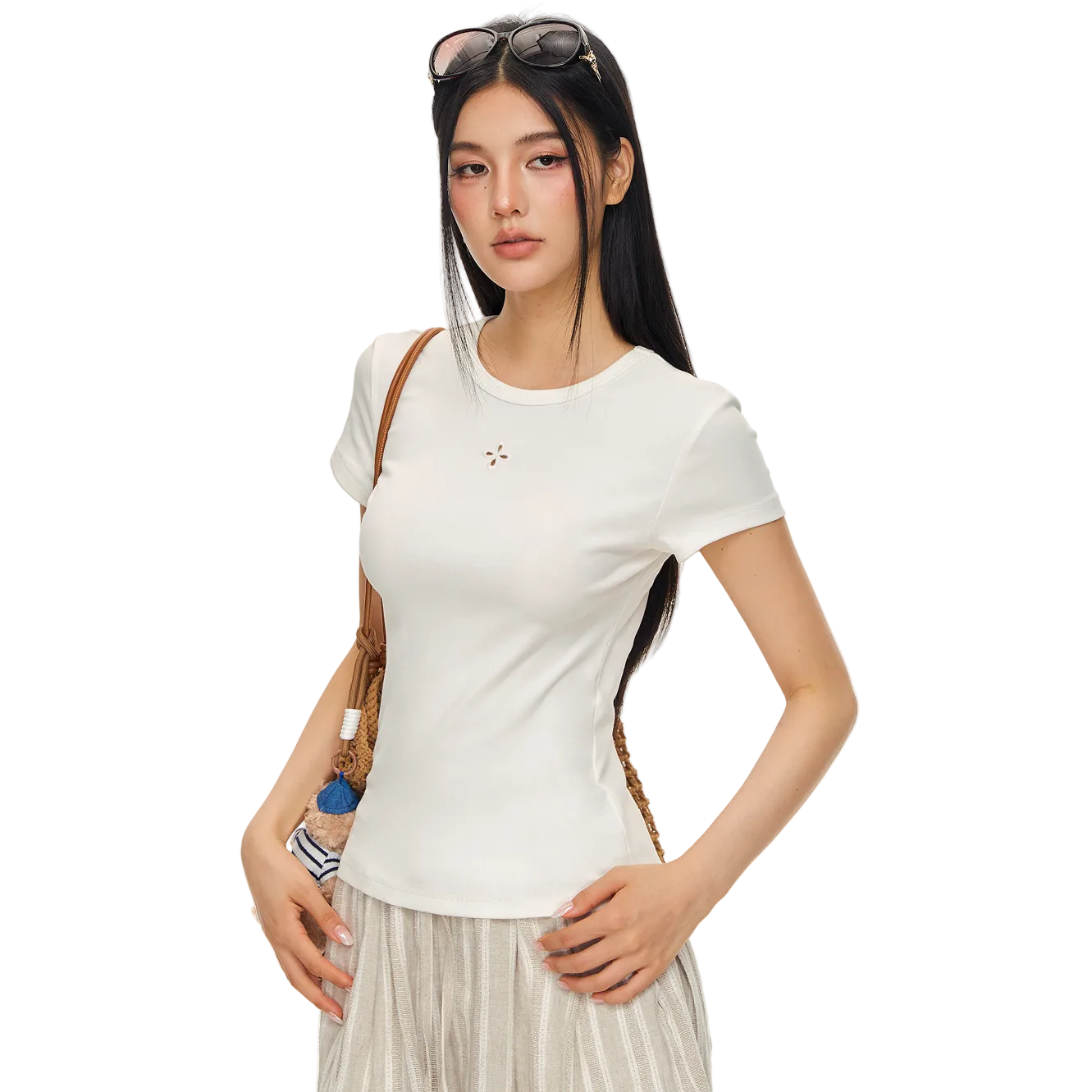 White Hollow-out Cross Embroidery Slim Fit Short Sleeve