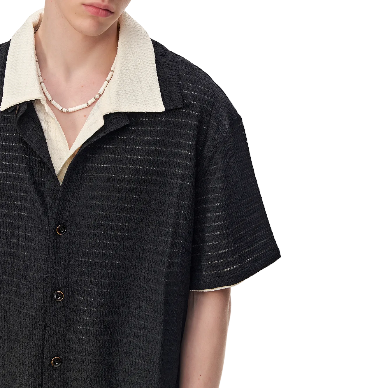 Black Embossed Striped Short-Sleeve Shirt
