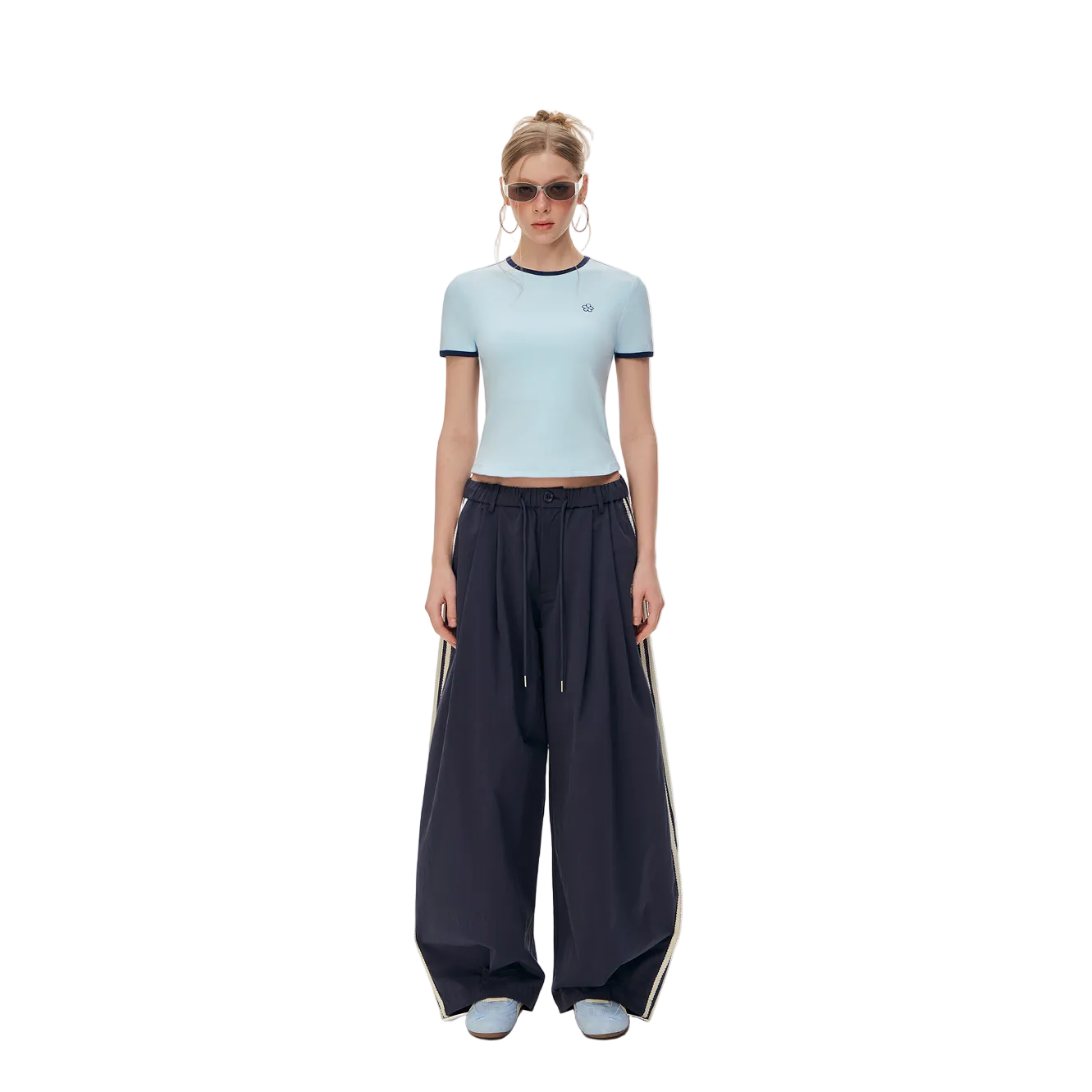 Navy Blue Floral Embroidered Side Striped Wide-Leg Pants
