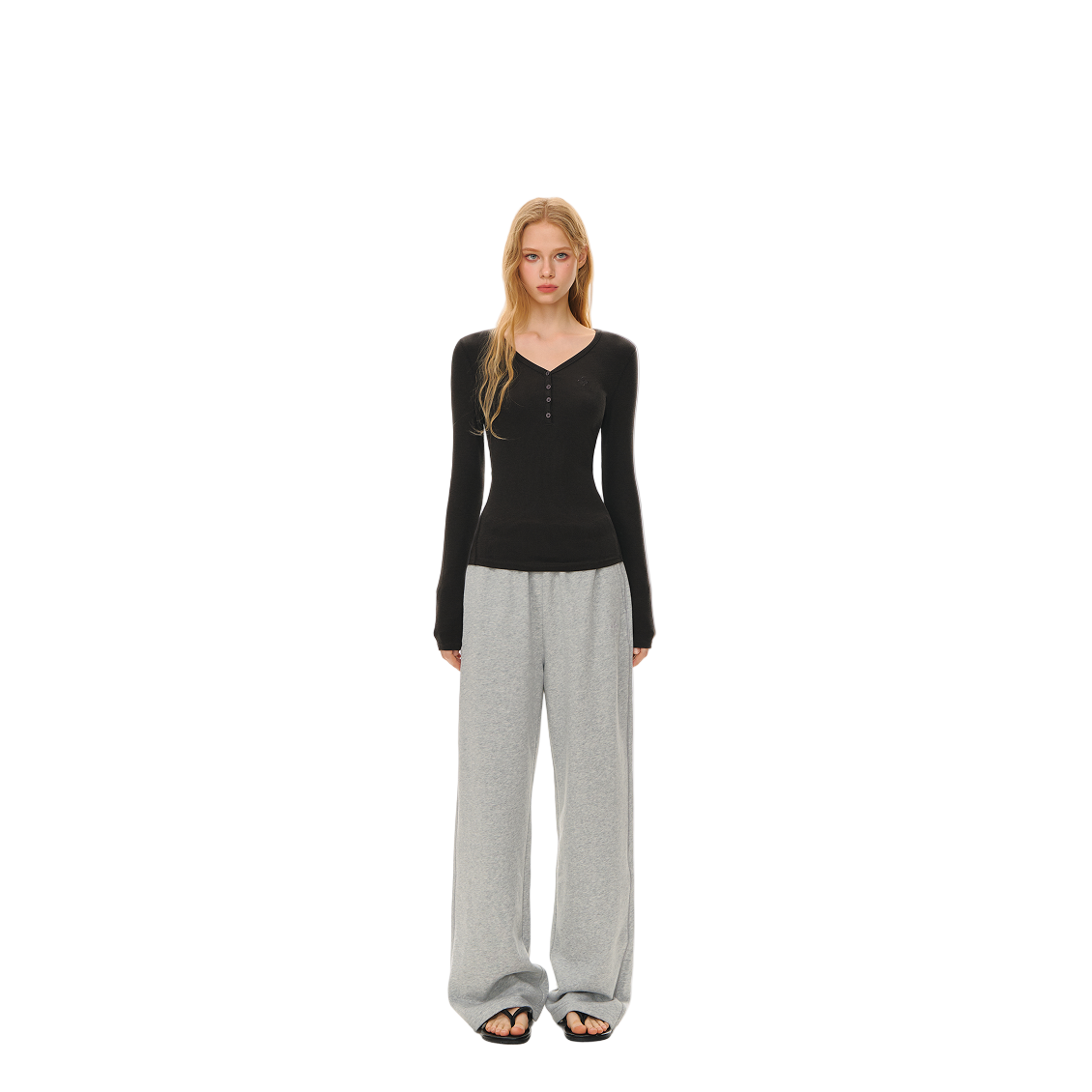 Lyocell V-neck Button Long Sleeve T-shirt In Dark Grey