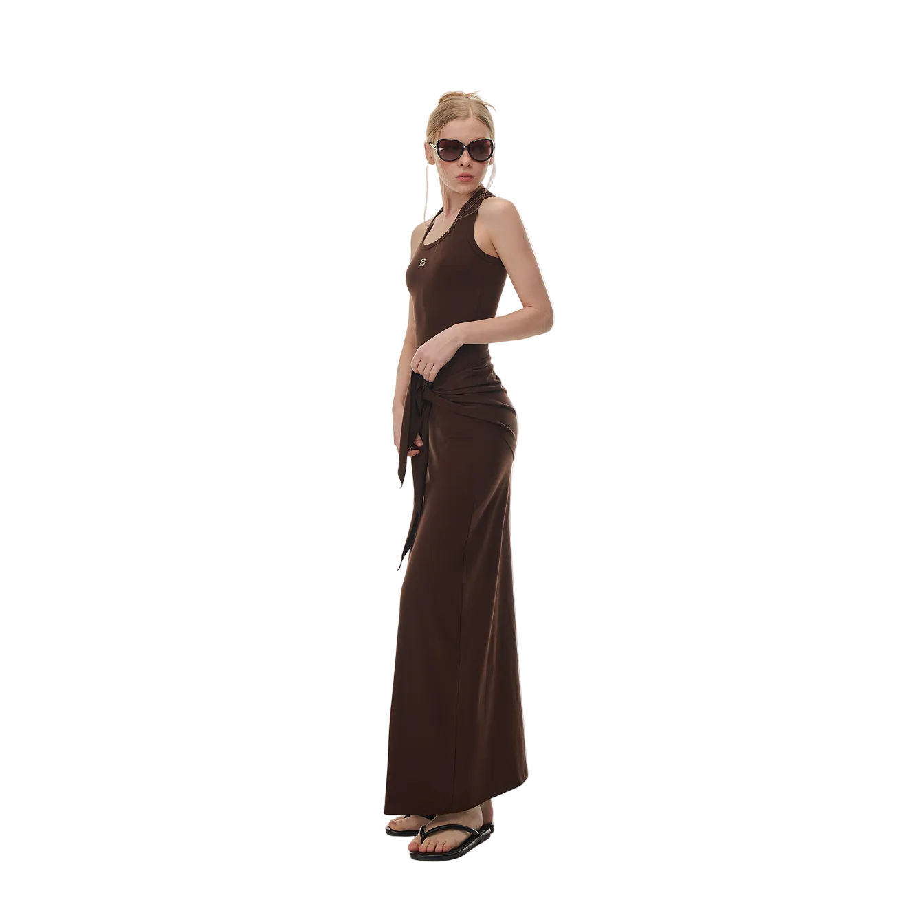 Brown Lace-up Faux Two-Piece Dress