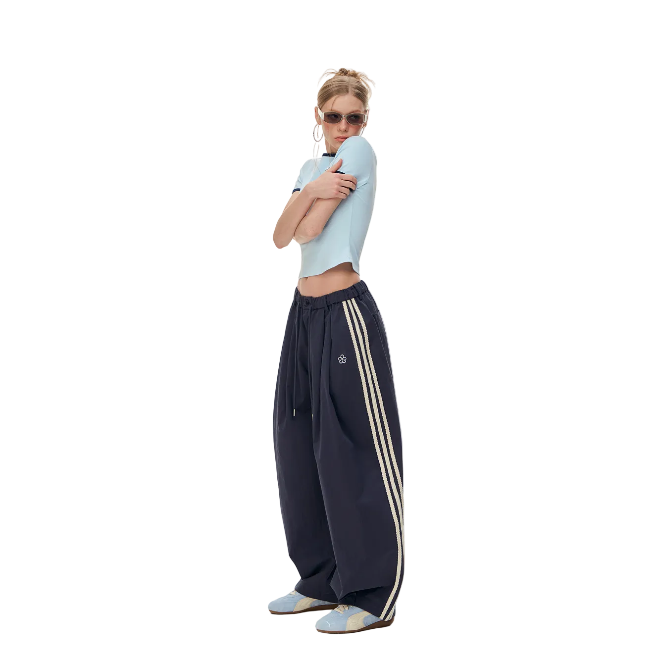 Navy Blue Floral Embroidered Side Striped Wide-Leg Pants