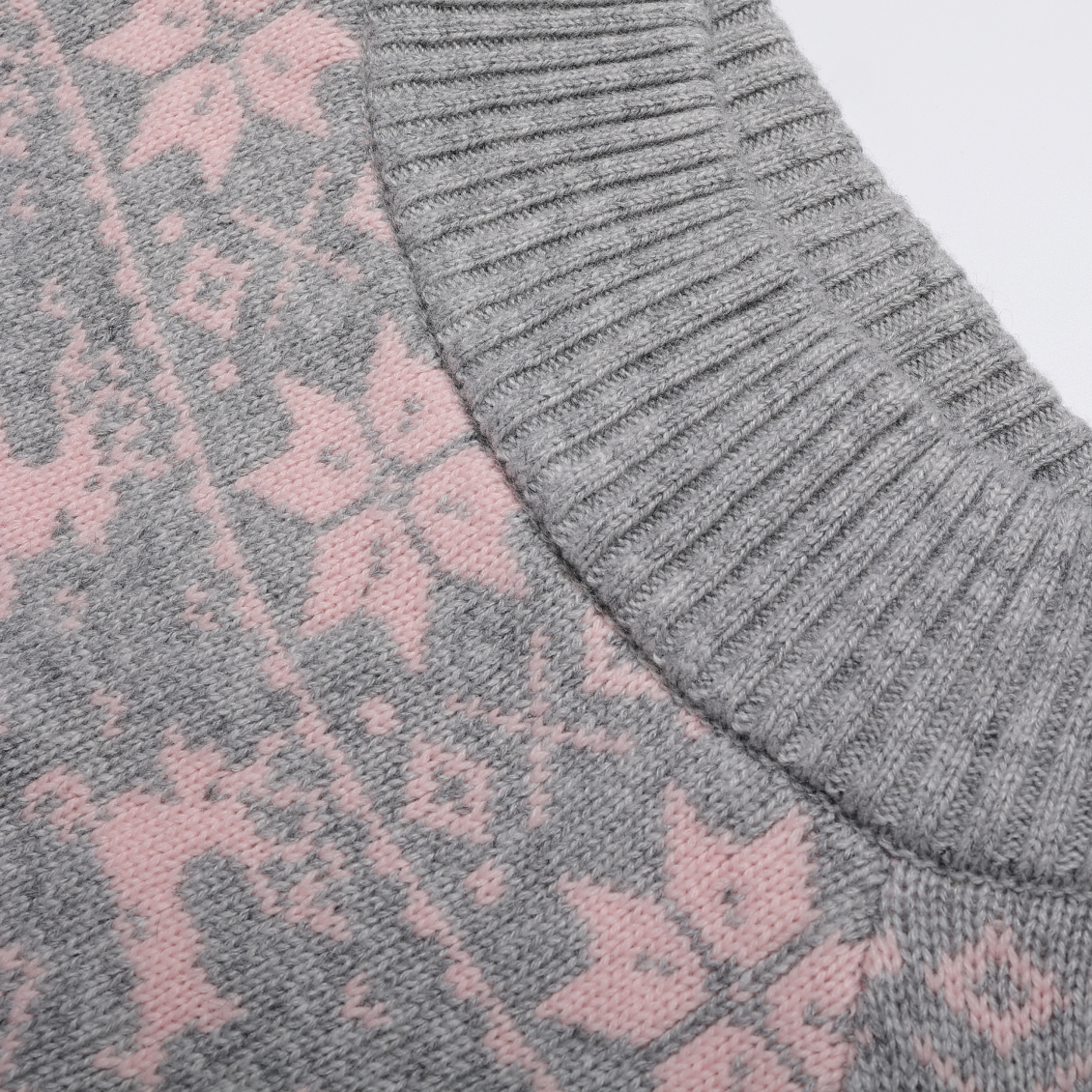 Light Grey Off-Shoulder Fair Isle Australian Wool Jacquard Pullover Sweater