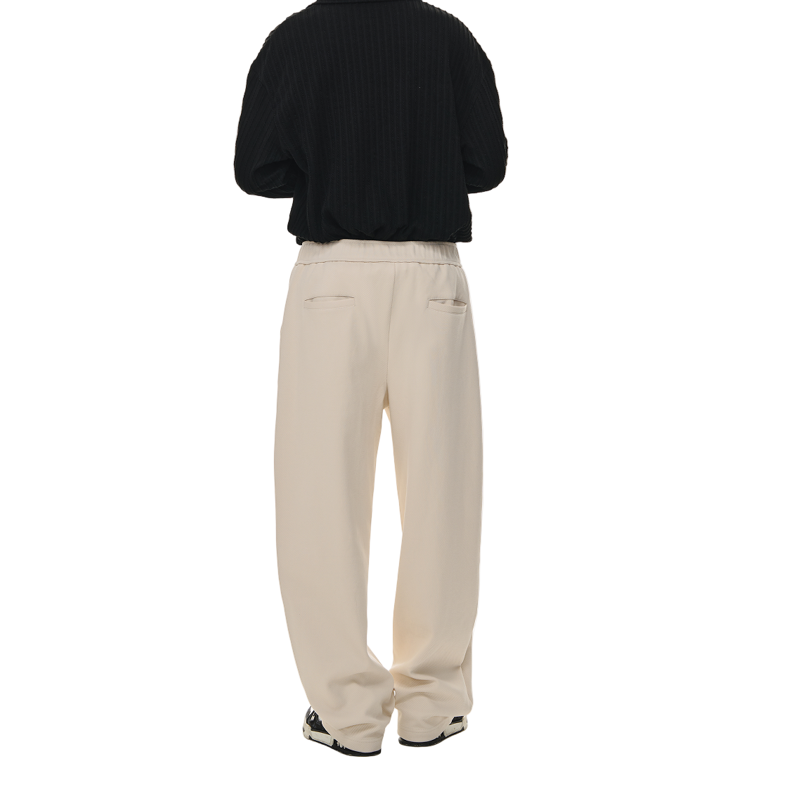 Beige Embossed Twill Buckle Casual Tapered Trousers