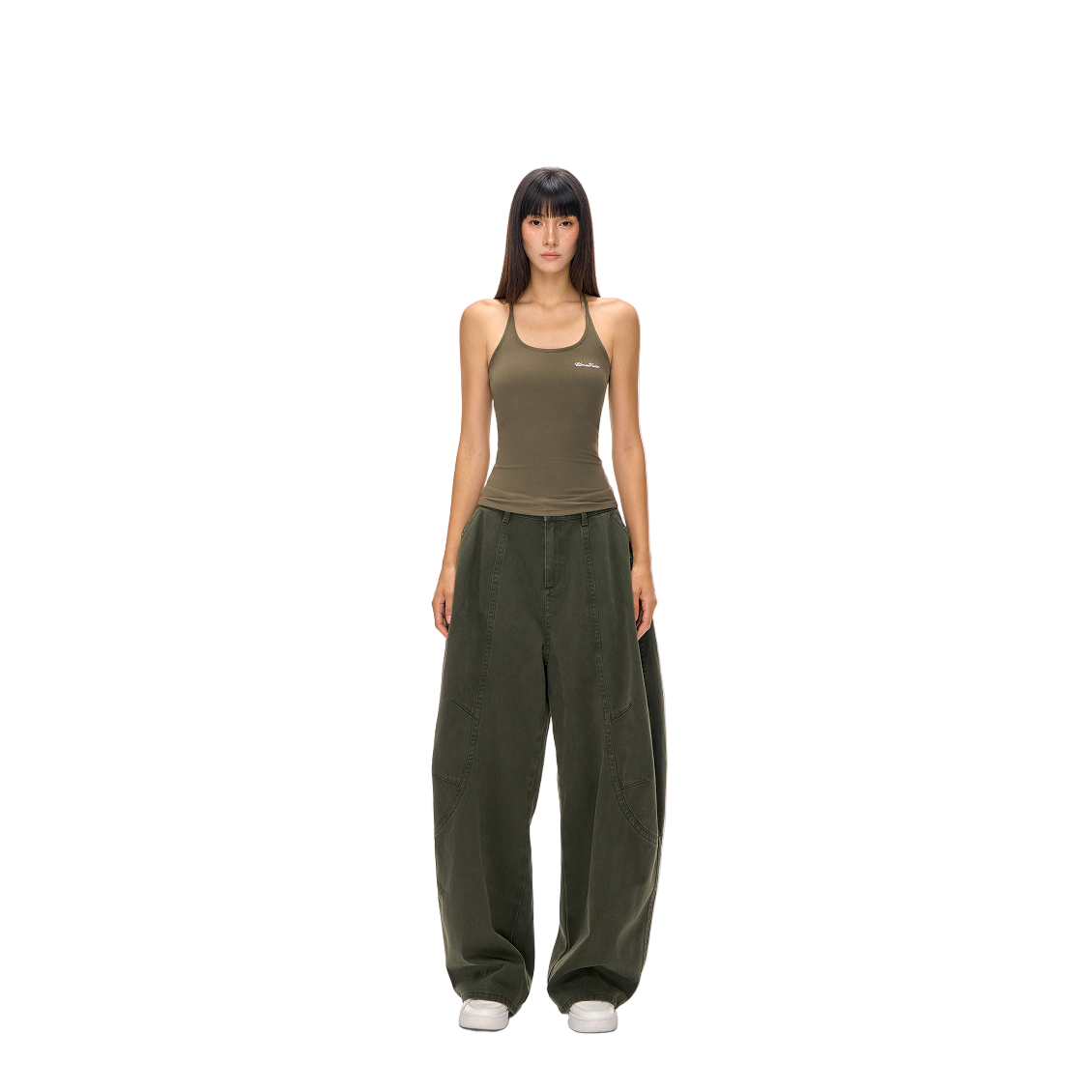 Gray-Green Segmented Curved Silhouette Pants
