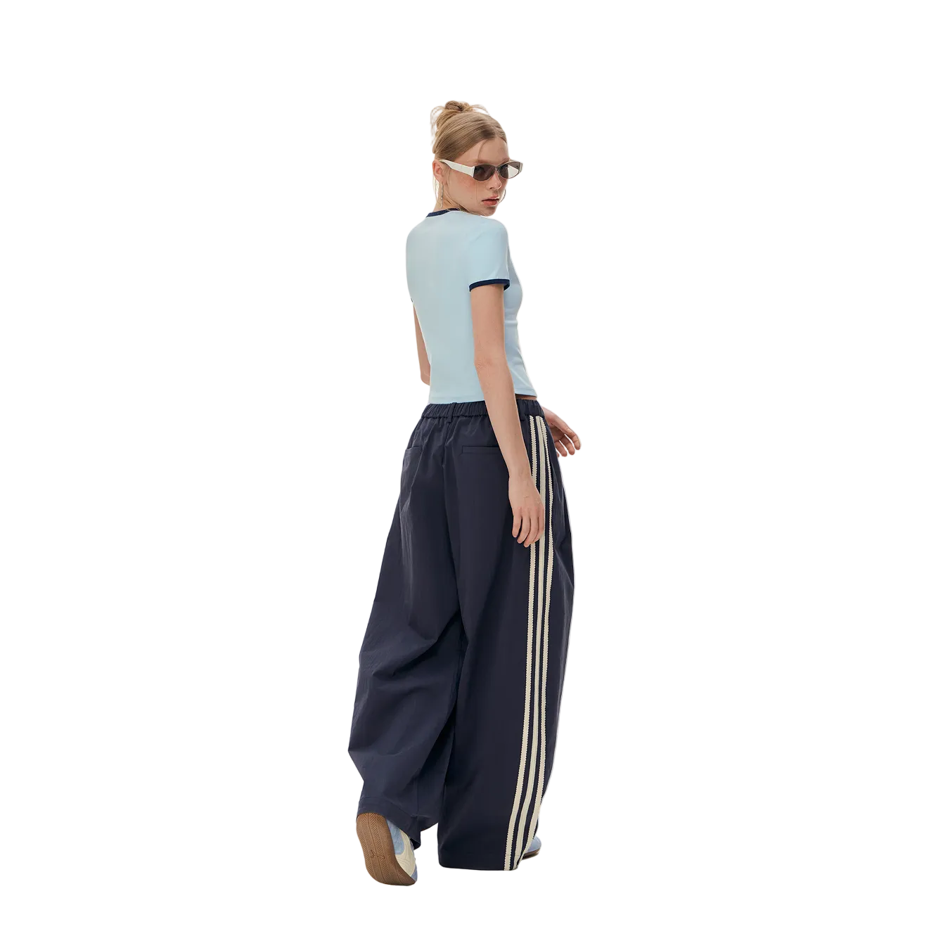 Navy Blue Floral Embroidered Side Striped Wide-Leg Pants