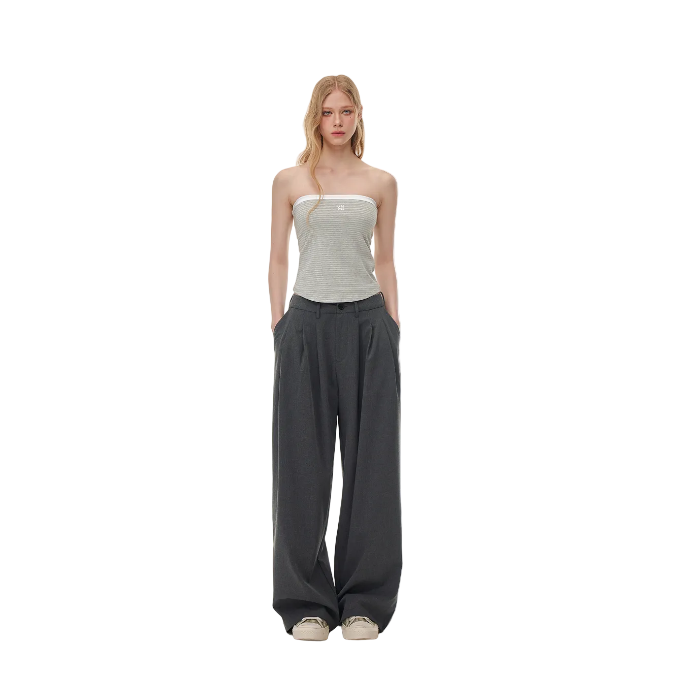 Dark Gray 3D Cut Pleated Straight Leg Suit Trousers