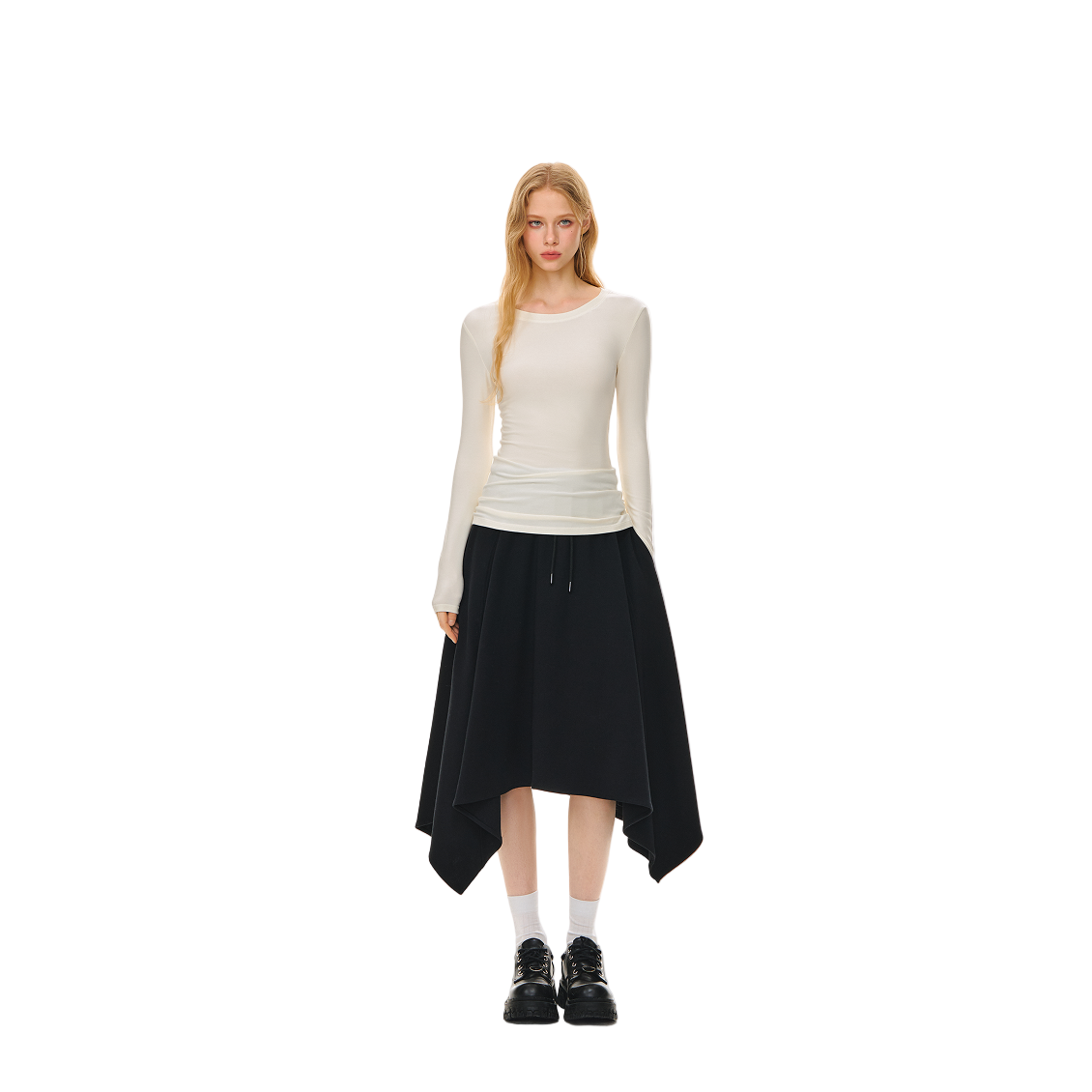 Irregular Cut Elastic Drawstring Pocket Midi Dress In Black