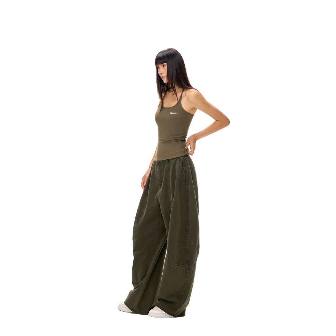Gray-Green Segmented Curved Silhouette Pants