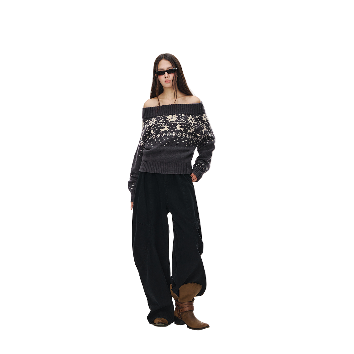 Dark Grey Off-Shoulder Fair Isle Australian Wool Jacquard Pullover Sweater