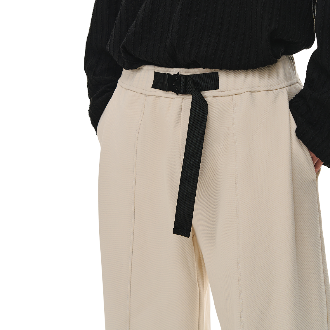 Beige Embossed Twill Buckle Casual Tapered Trousers